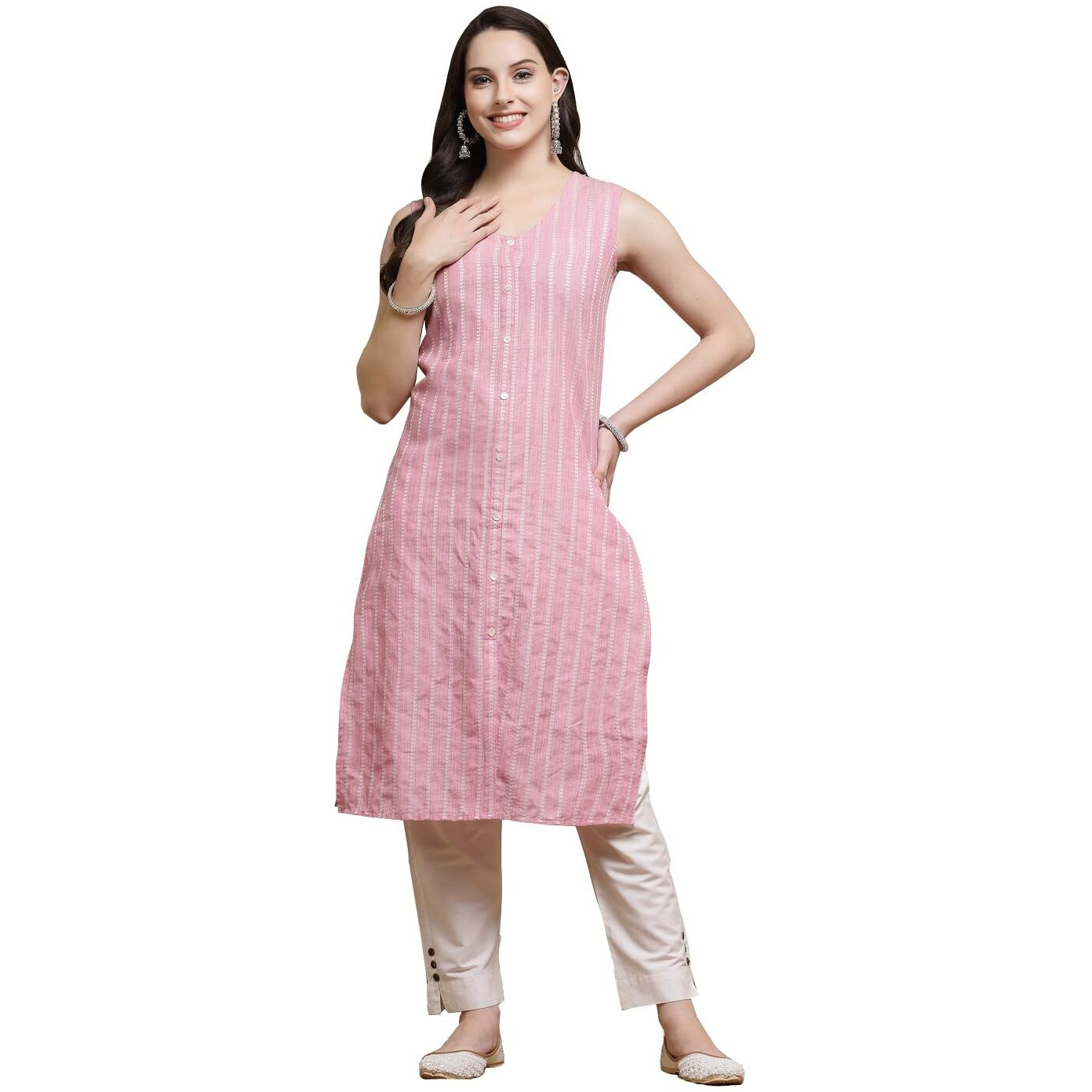 Stylum Women's Woven Striped Cotton Blend Straight Kurta (TAIMUR38_Pink, M)