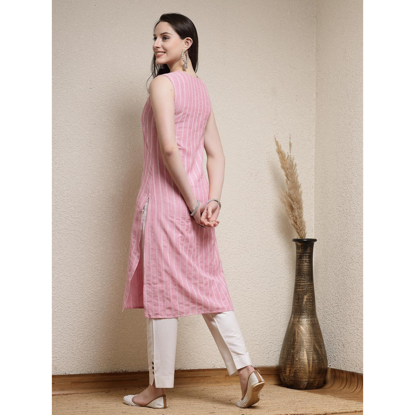 Stylum Women's Woven Striped Cotton Blend Straight Kurta (TAIMUR38_Pink, M)