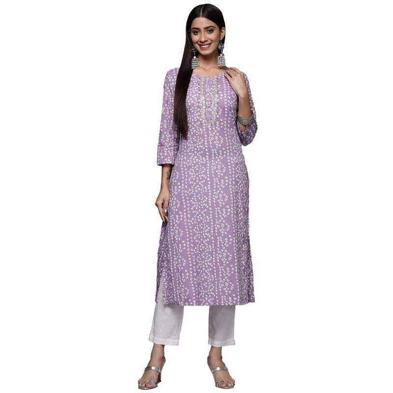 Varanga Women's Cotton Printed Regular Kurta (VKUR448_Lavender
