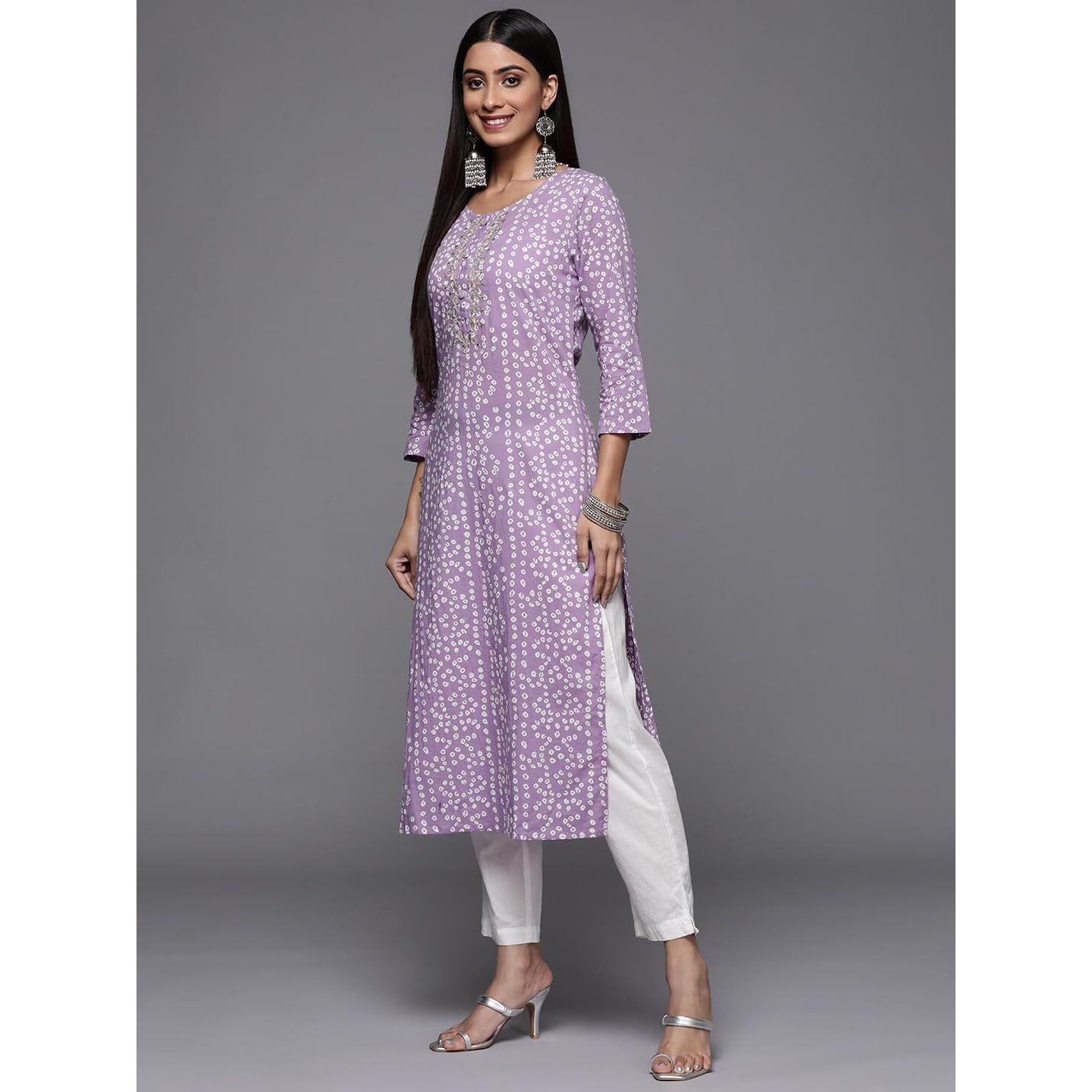 Varanga Women's Cotton Printed Regular Kurta (VKUR448_Lavender