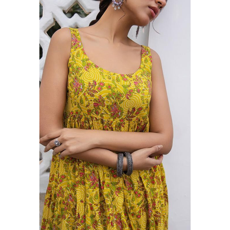 Janasya Women's Mustard Cotton Floral Gathered Kurta Set (JAA24ST00262-L)