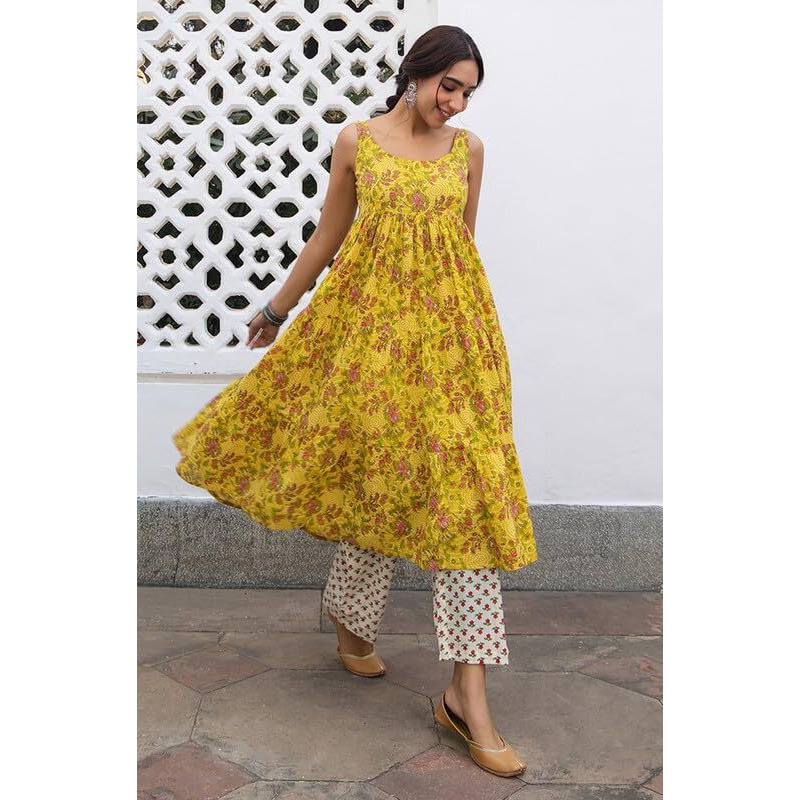 Janasya Women's Mustard Cotton Floral Gathered Kurta Set (JAA24ST00262-L)