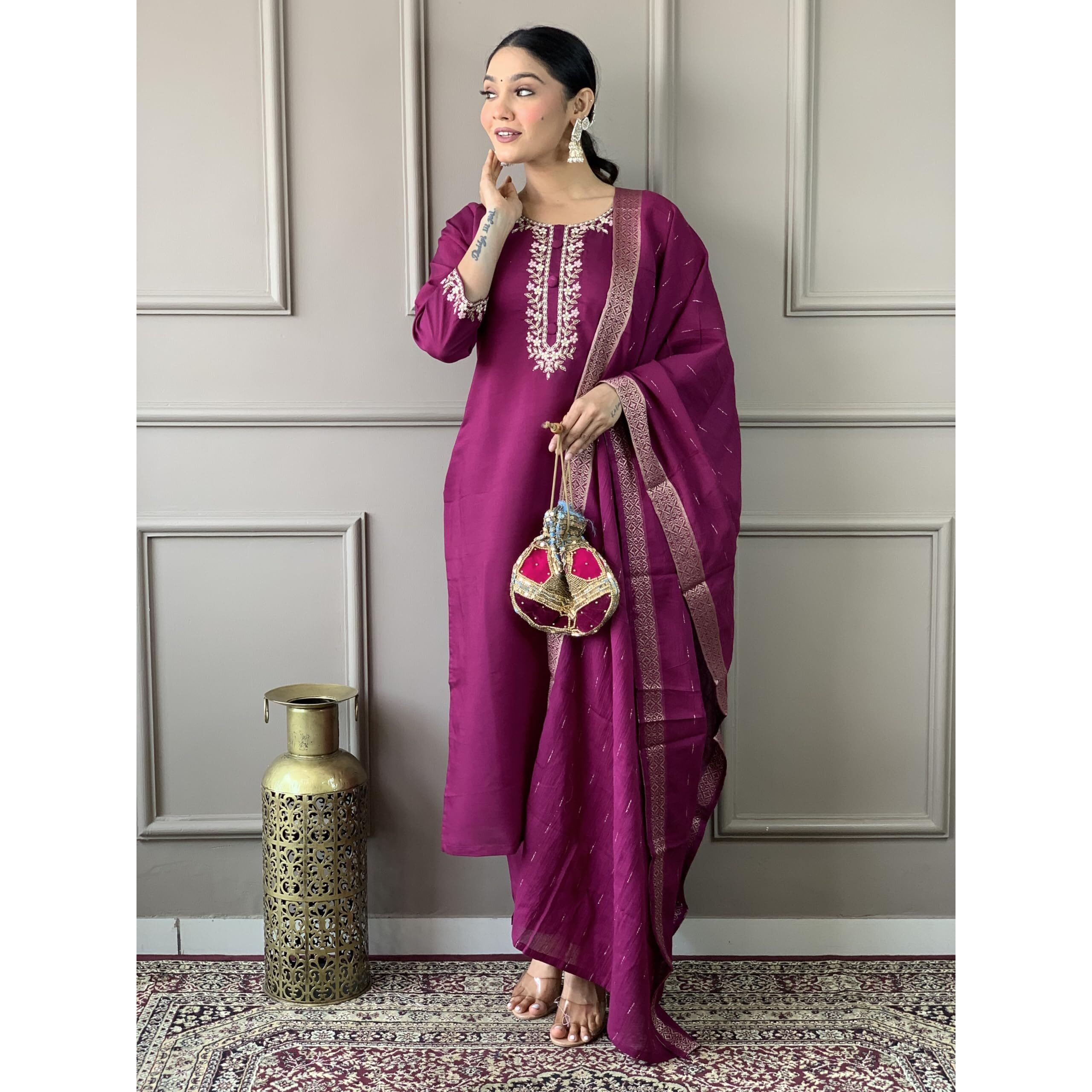 Naixa Women's Wine Chanderi Viscose Embroidered Straight Kurta with Chanderi Viscose Pant and Cotton Laced Dupatta Sets (NX-S-Emily-Wine-M)