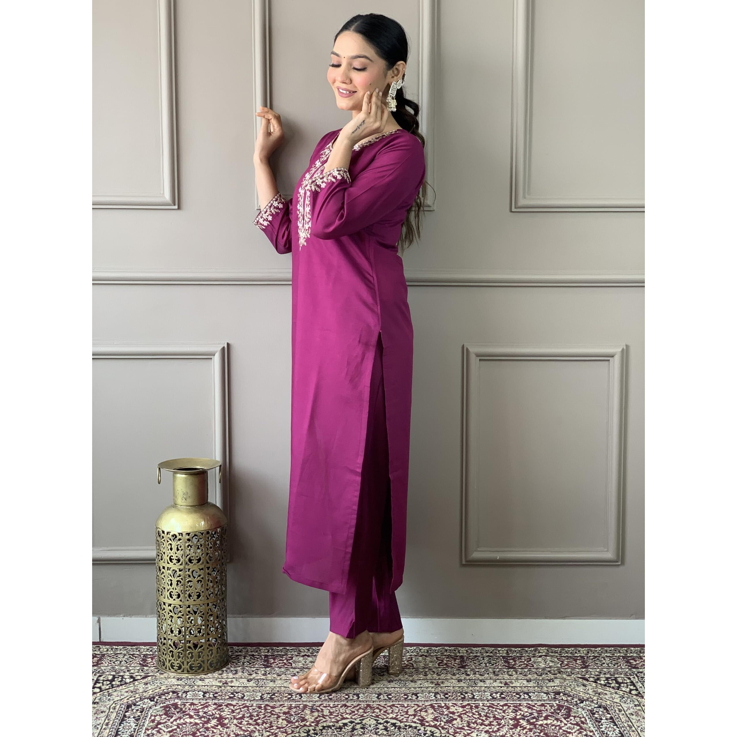 Naixa Women's Wine Chanderi Viscose Embroidered Straight Kurta with Chanderi Viscose Pant and Cotton Laced Dupatta Sets (NX-S-Emily-Wine-M)