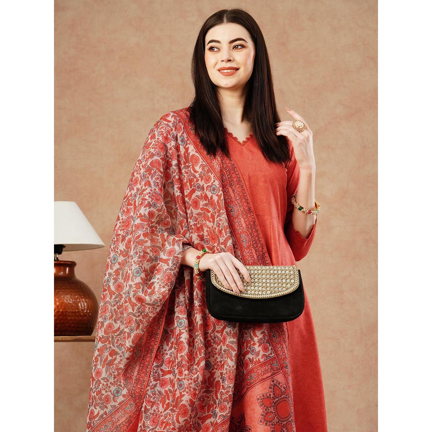 ANNI DESIGNER Women's Cotton Blend Anarkali Solid Kurta with Pant & Dupatta (UTSAV PEACH-FKA_L_Peach_Large)