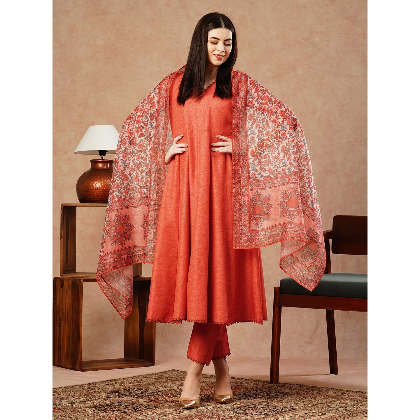 ANNI DESIGNER Women's Cotton Blend Anarkali Solid Kurta with Pant & Dupatta (UTSAV PEACH-FKA_L_Peach_Large)