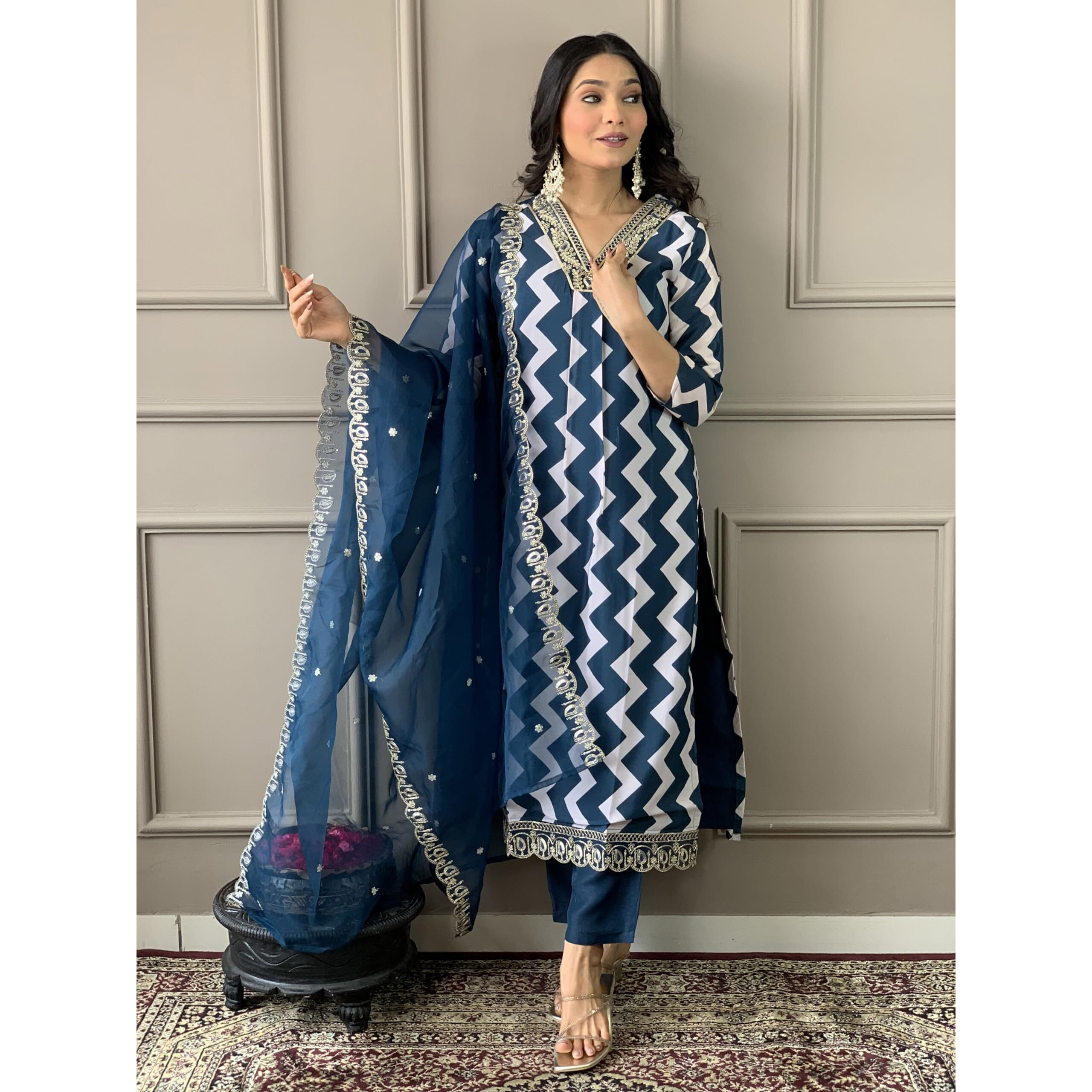 Naixa Women's Petrol French Crepe with Cotton Lining Embroidered and Printed Straight Kurta with Rayon Pant and Organza Embroidered Dupatta Sets (NX-541-Petrol-S)