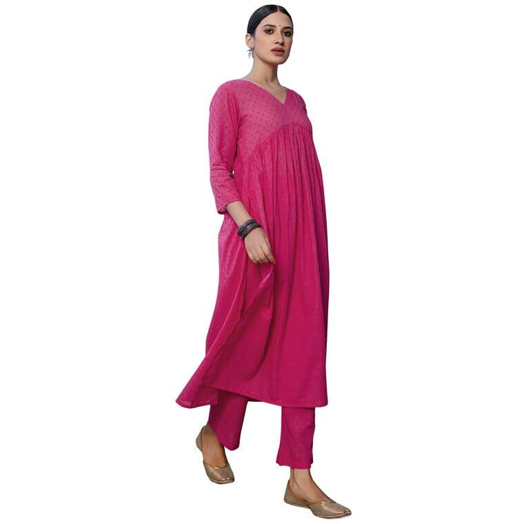 Janasya Women's Pink Dobby Cotton Self Design Gathered Co-ord Set(JAA24CD00322-XXL)