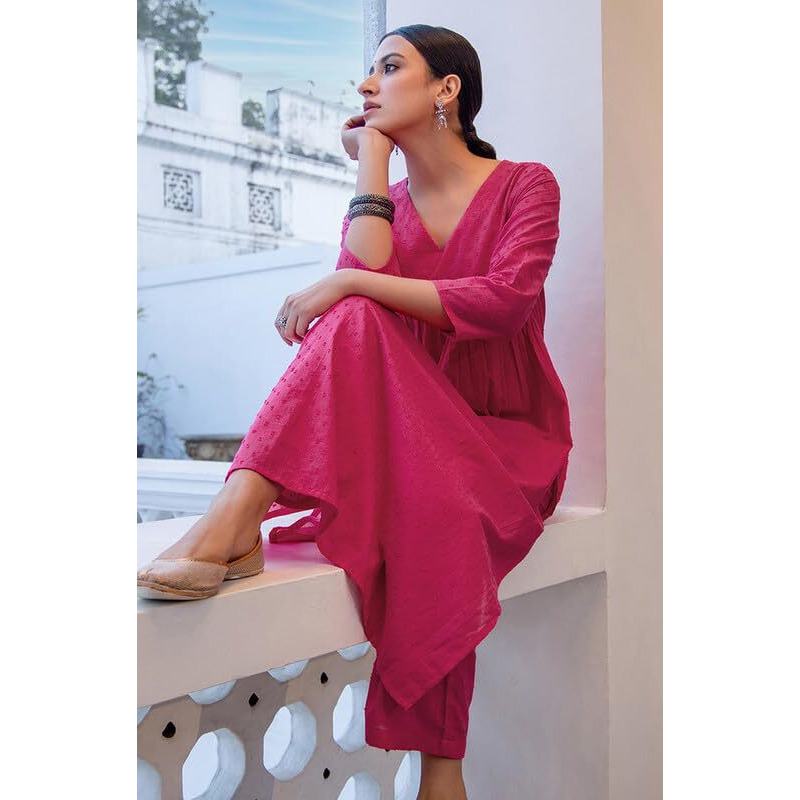 Janasya Women's Pink Dobby Cotton Self Design Gathered Co-ord Set(JAA24CD00322-XXL)
