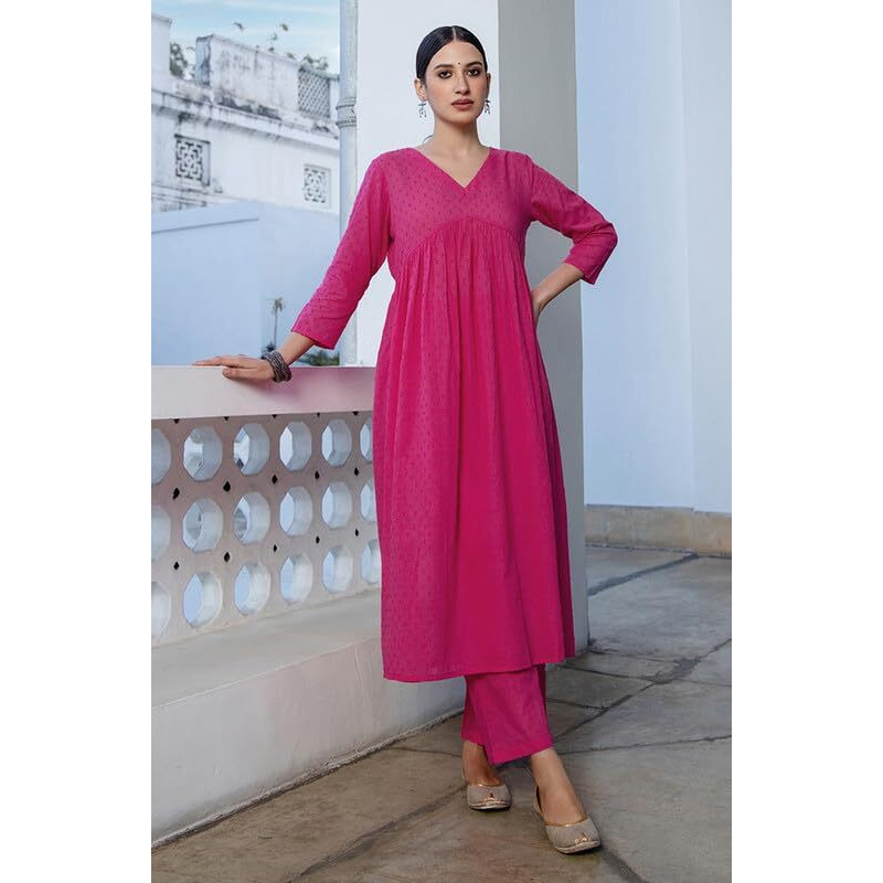 Janasya Women's Pink Dobby Cotton Self Design Gathered Co-ord Set(JAA24CD00322-XXL)