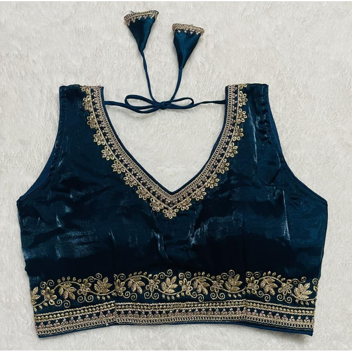 Vihu Fashion Women's Readymade Sleeveless blouseIndian Ethnic Designer Blouse Jimmy Choo Fabric Embroidered V Neck Blouse Back Hook Open Saree Fancy Blouse (Morpeach, 34)