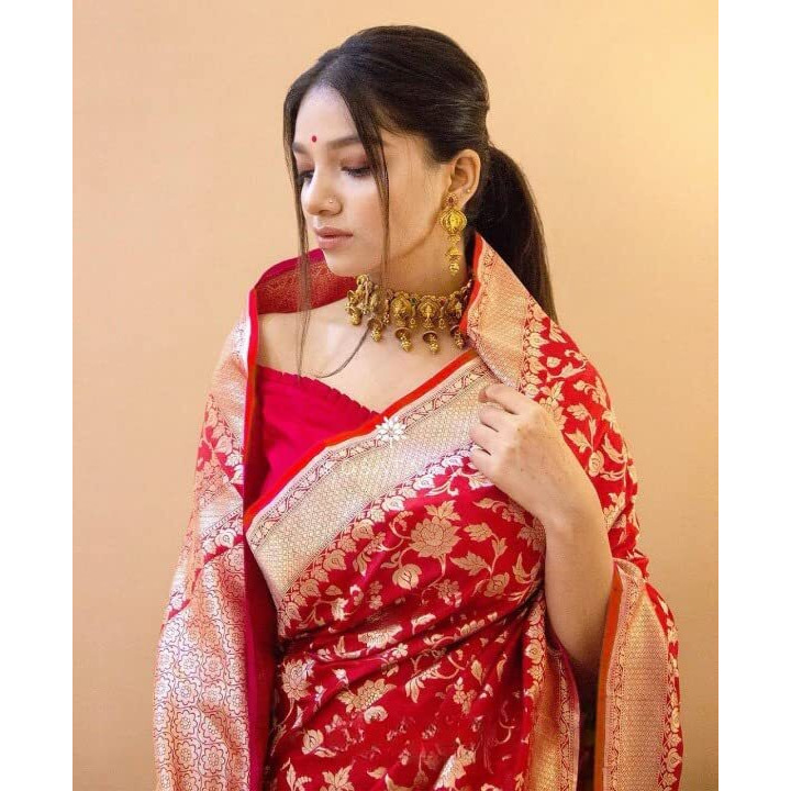 Flosive Women's Kanjivaram Silk Saree With Handloom Weaving Work With Blouse Piece (RED)