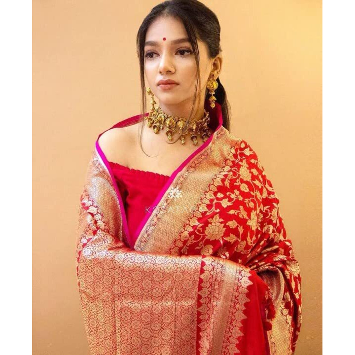 Flosive Women's Kanjivaram Silk Saree With Handloom Weaving Work With Blouse Piece (RED)