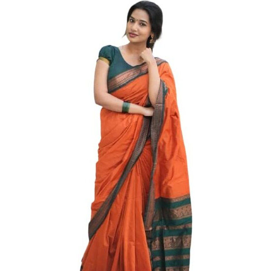 Flosive Women's Kanjivaram Silk Saree With Handloom Weaving Work With Blouse Piece (ORANGE)