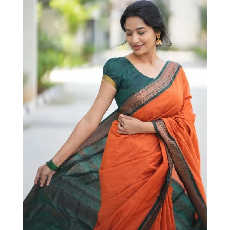 Flosive Women's Kanjivaram Silk Saree With Handloom Weaving Work With Blouse Piece (ORANGE)