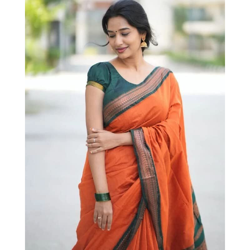 Flosive Women's Kanjivaram Silk Saree With Handloom Weaving Work With Blouse Piece (ORANGE)