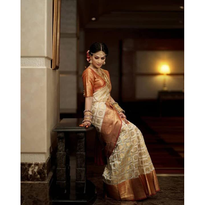 Flosive Women's Kanjivaram Silk Saree With Handloom Weaving Work With Blouse Piece (ORANGE BOX)