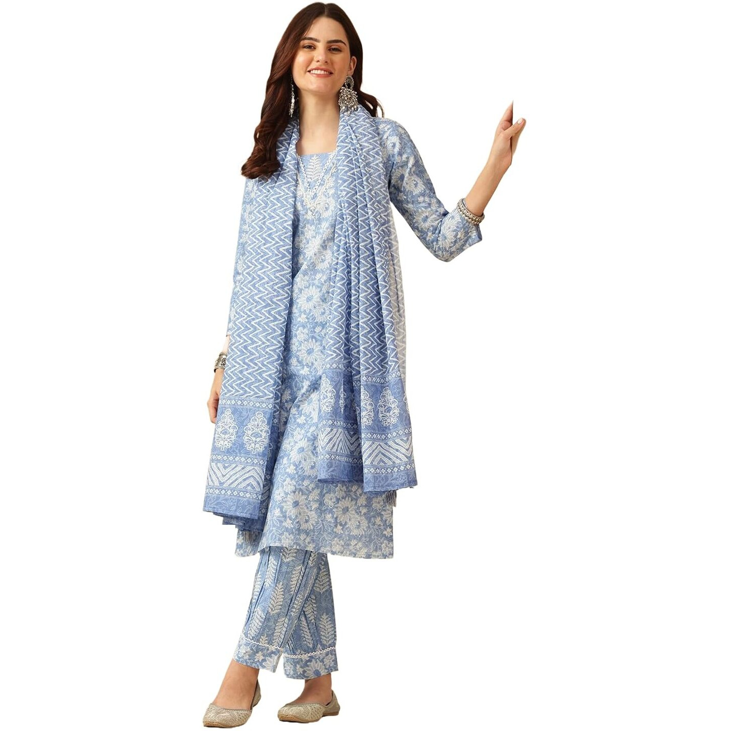 Nermosa Women Printed Kurta and Pant Set With Dupatta (IN, Alpha, XL, Blue)