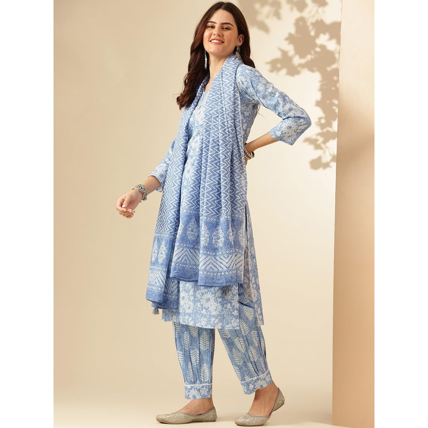 Nermosa Women Printed Kurta and Pant Set With Dupatta (IN, Alpha, XL, Blue)