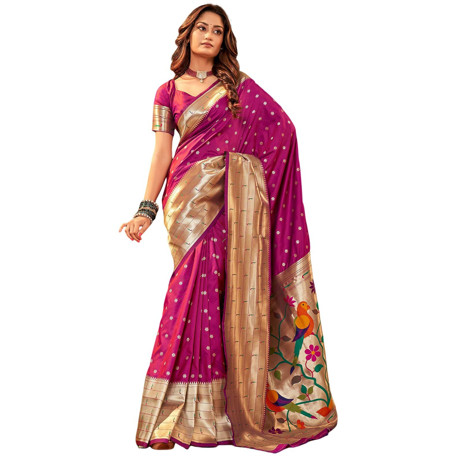 Satrani Women's Silk Dual Tone Paithani Jacquard Saree with Unstitched Blouse Piece (3522S1121N_Magenta)