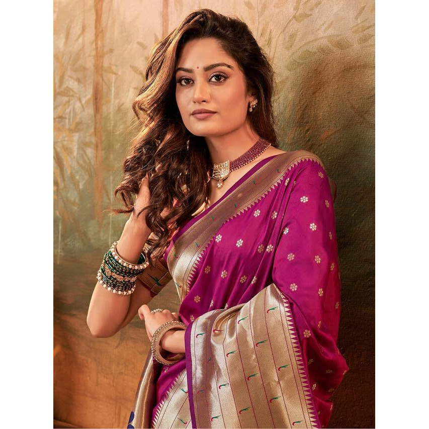 Satrani Women's Silk Dual Tone Paithani Jacquard Saree with Unstitched Blouse Piece (3522S1121N_Magenta)