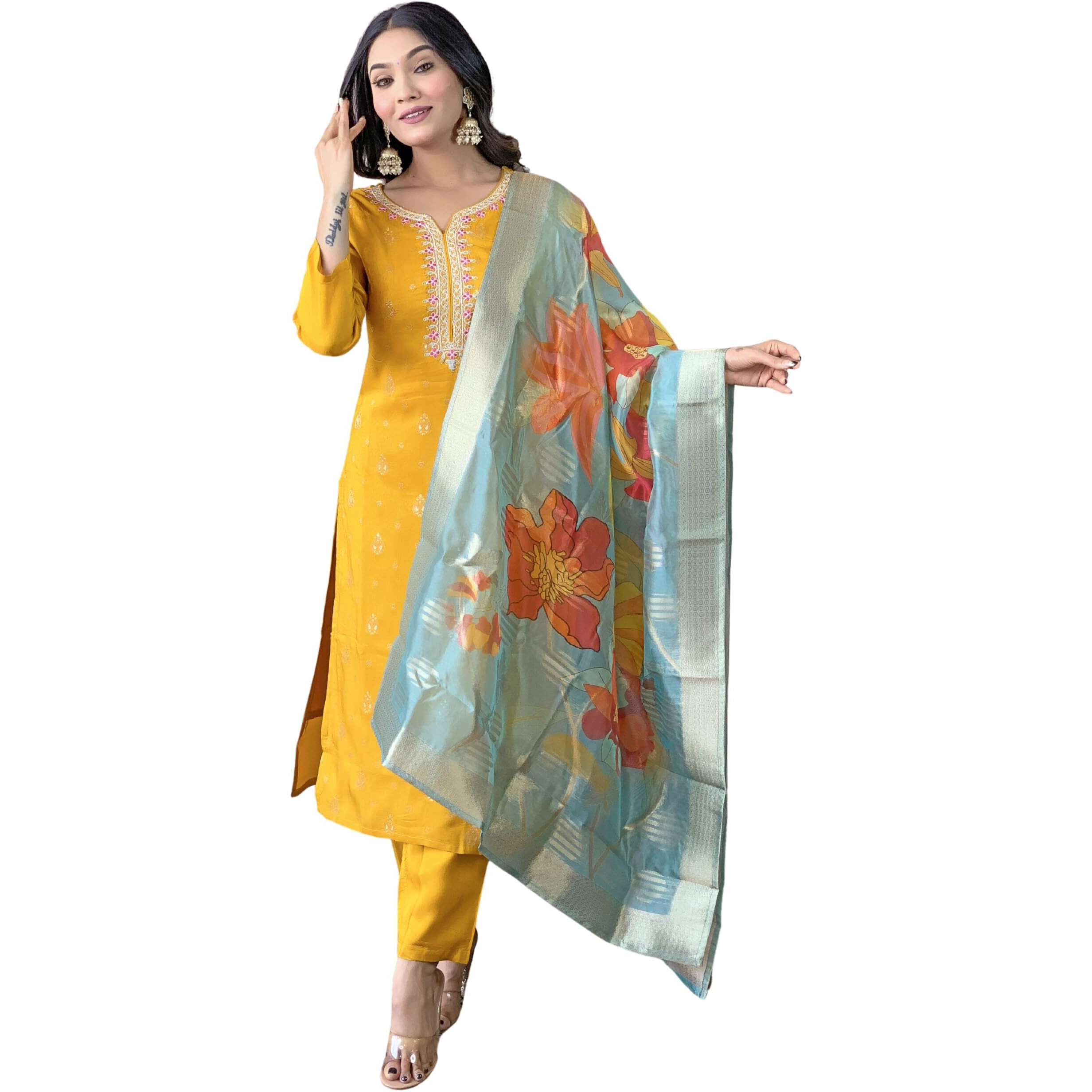Naixa Women's Yellow Jacquard Viscose Embroidered Straight Kurta with Viscose Pant and Jaquard Printed Dupatta Sets (NX-465-Yellow-XXL)