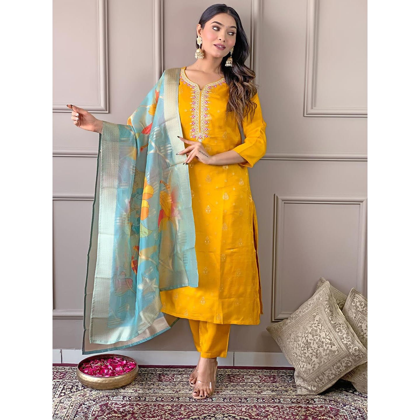 Naixa Women's Yellow Jacquard Viscose Embroidered Straight Kurta with Viscose Pant and Jaquard Printed Dupatta Sets (NX-465-Yellow-XXL)