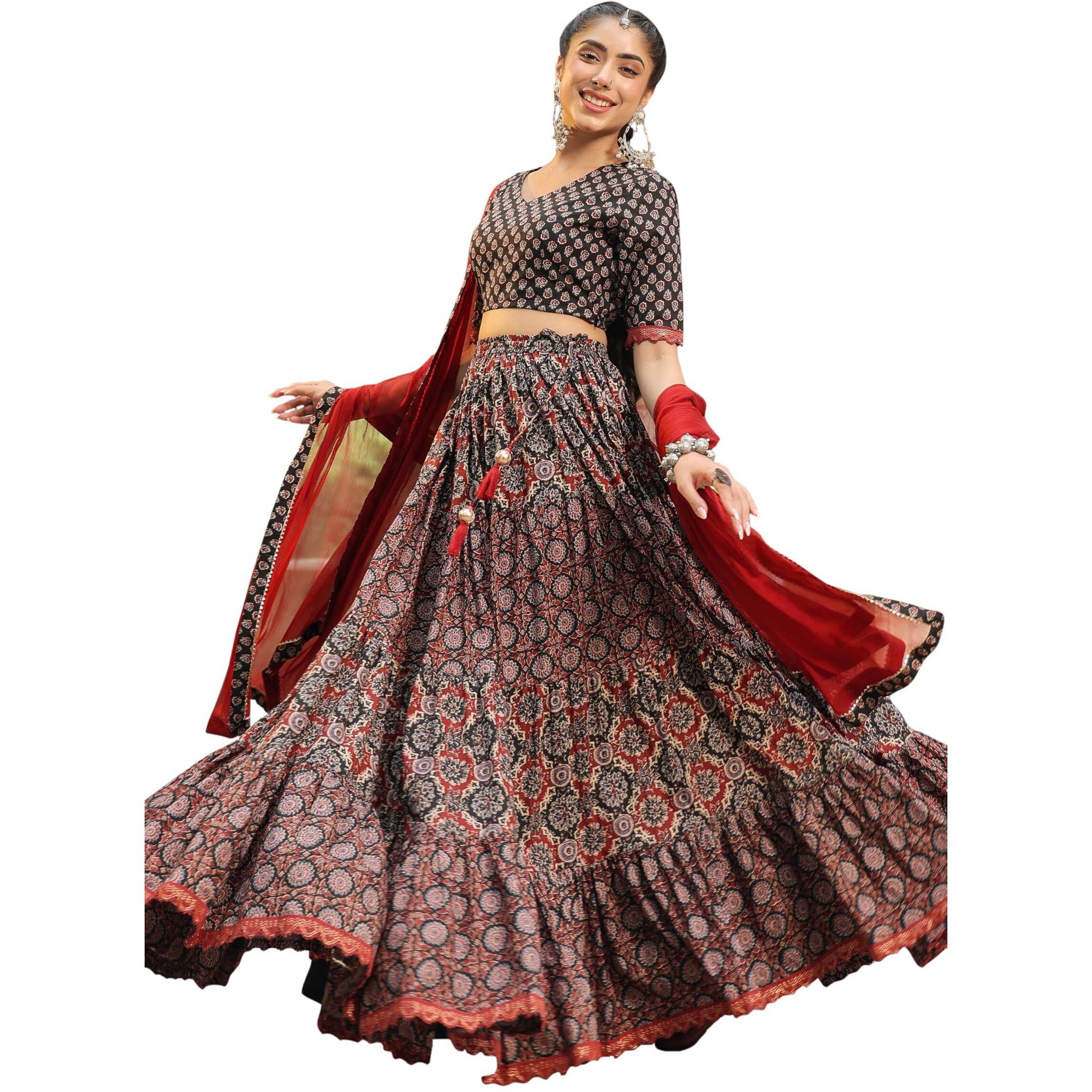 Janasya Women's Black & Maroon Pure Cotton Ethnic Motifs Printed Tiered Ready To Wear Lehenga Choli Set (JAB24LC00799-A-L)