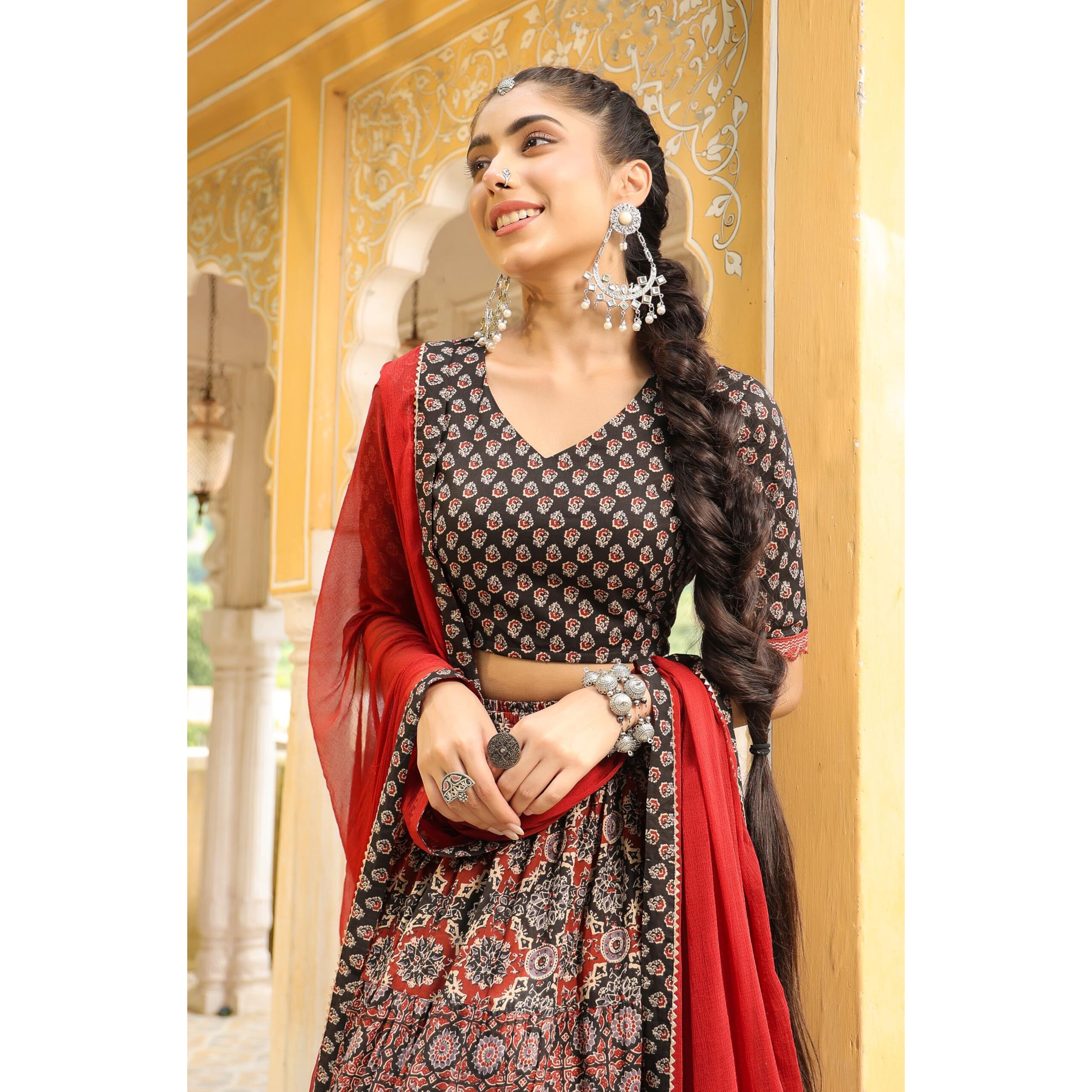 Janasya Women's Black & Maroon Pure Cotton Ethnic Motifs Printed Tiered Ready To Wear Lehenga Choli Set (JAB24LC00799-A-L)