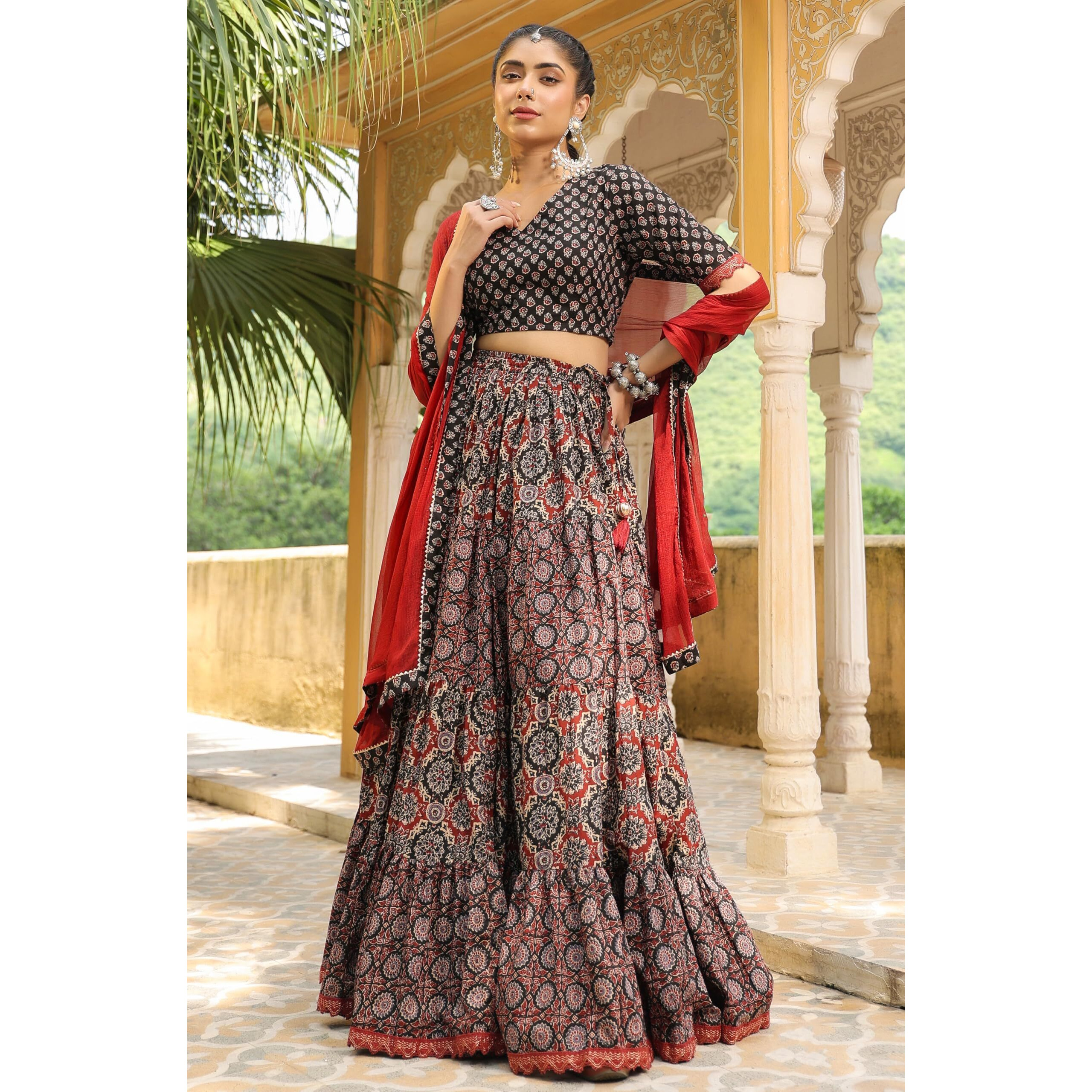 Janasya Women's Black & Maroon Pure Cotton Ethnic Motifs Printed Tiered Ready To Wear Lehenga Choli Set (JAB24LC00799-A-L)