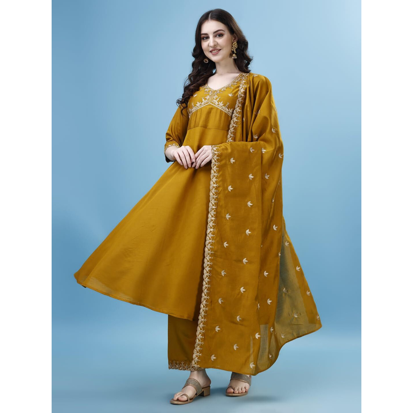 Pratham Blue Kurta Set for Women Silk Embroidered Anarkali Kurta Set for Women with Palazzos and Dupatta (PB-6164-XXL_Yellow)