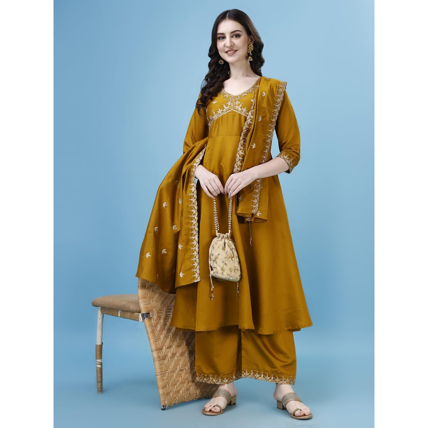 Pratham Blue Kurta Set for Women Silk Embroidered Anarkali Kurta Set for Women with Palazzos and Dupatta (PB-6164-XXL_Yellow)