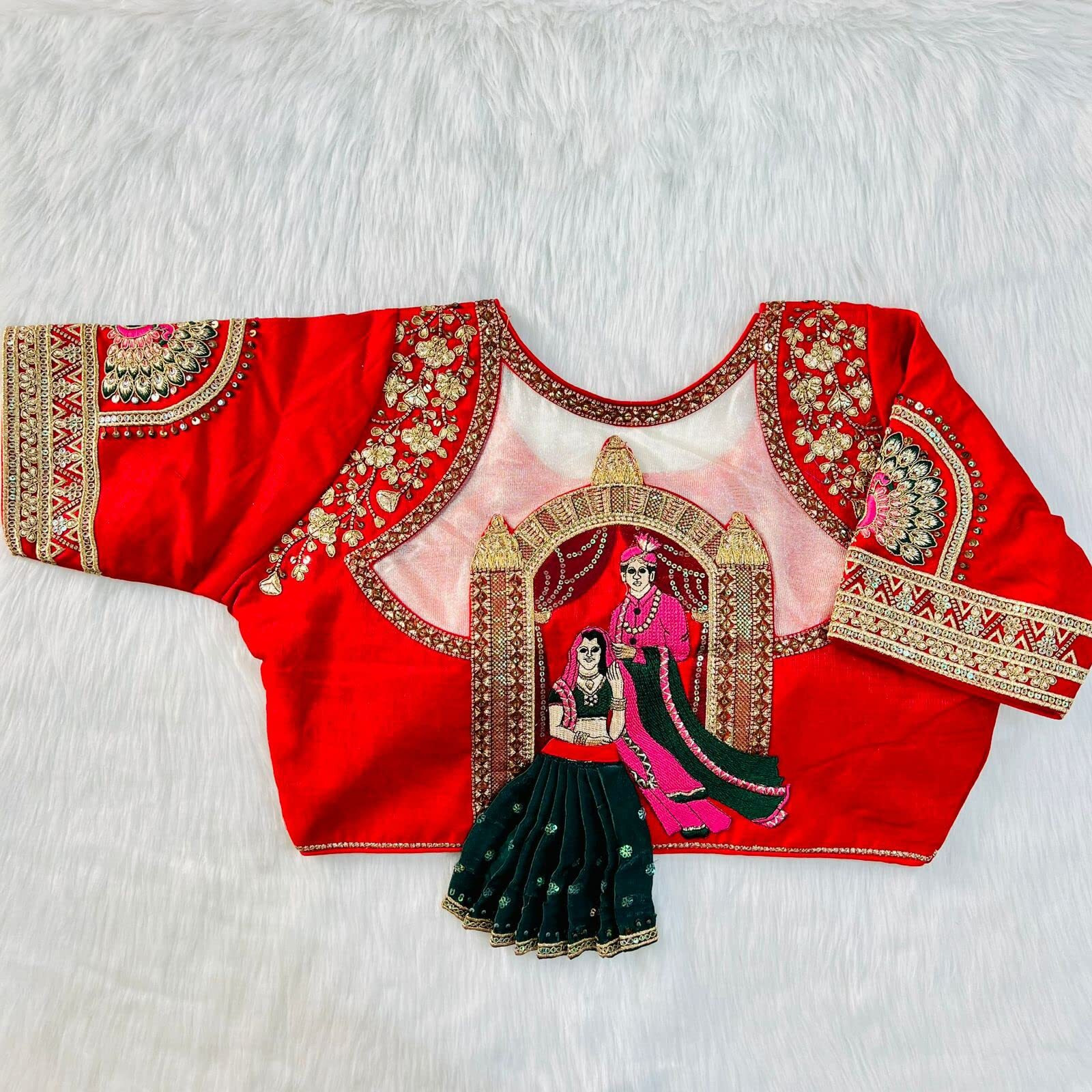 Sumaira Tex Women's Heavy Milan Silk Codding Sequins Handwork and Cutwork Dolly Red Blouse(Dolly Red)