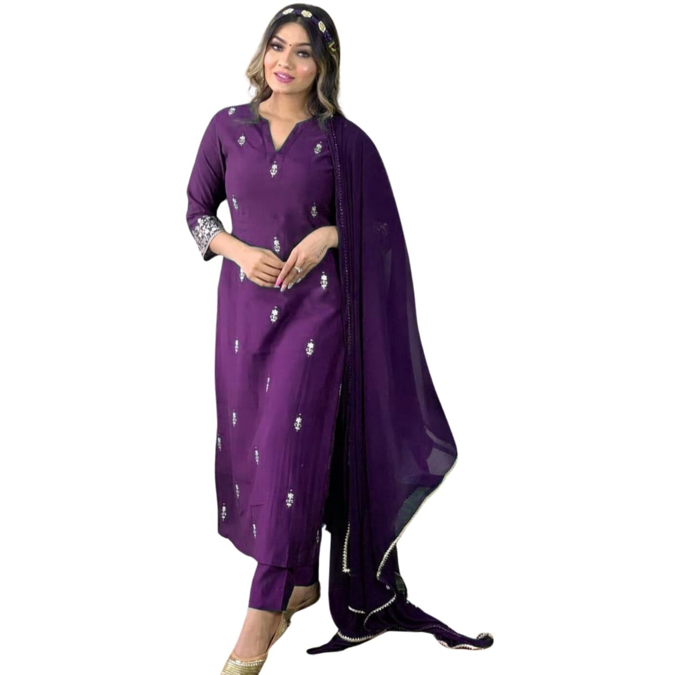 Naixa Women's Wine Rayon Slub Embroidered Straight Kurta with Rayon Slub Pant and Chinon Laced Dupatta Sets (NX-SC-Jessica-Wine-S)