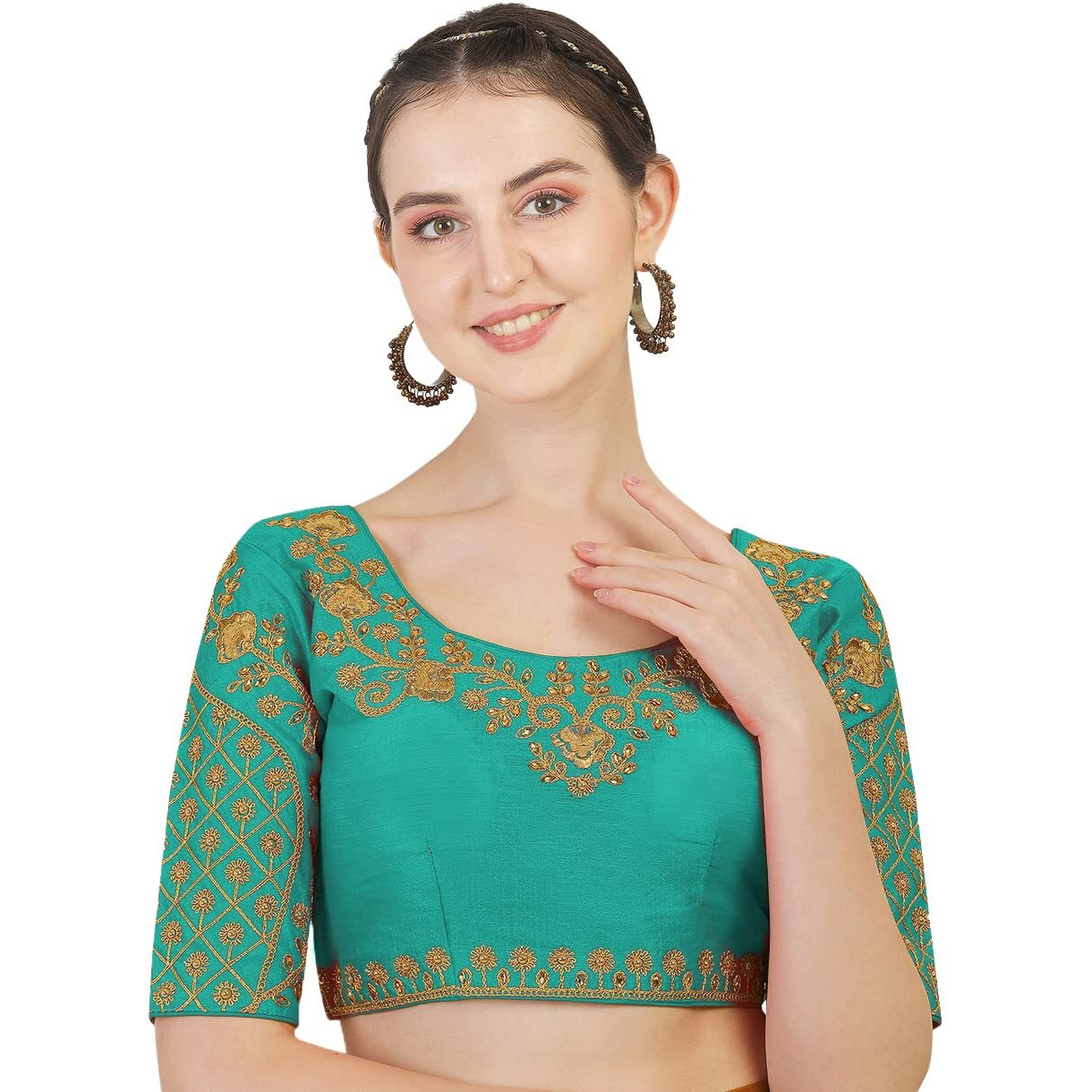 Pujia Mills Women's Phantom Silk Floral Half Sleeve Saree Blouse (Floral Blouse Variation_Rama_36 Size+Margin)