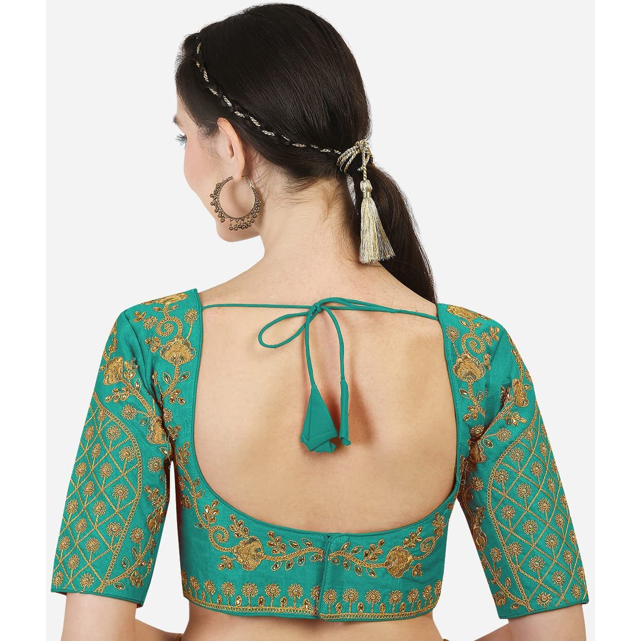 Pujia Mills Women's Phantom Silk Floral Half Sleeve Saree Blouse (Floral Blouse Variation_Rama_36 Size+Margin)
