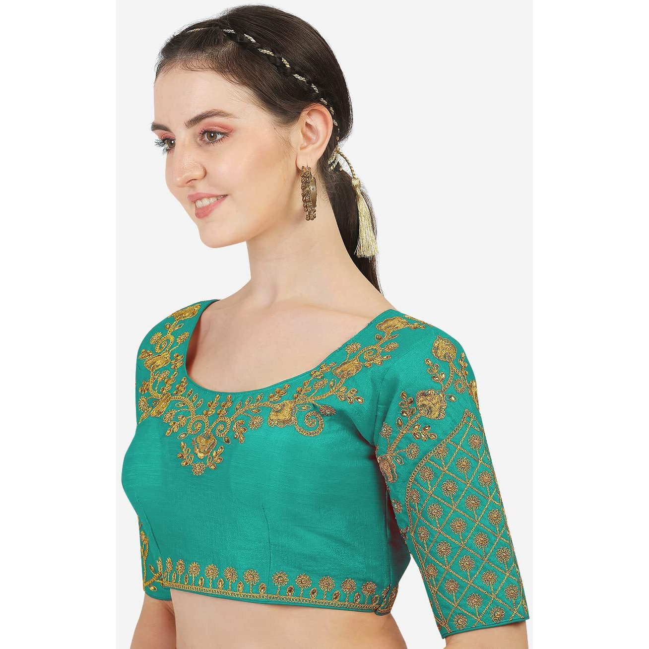 Pujia Mills Women's Phantom Silk Floral Half Sleeve Saree Blouse (Floral Blouse Variation_Rama_36 Size+Margin)