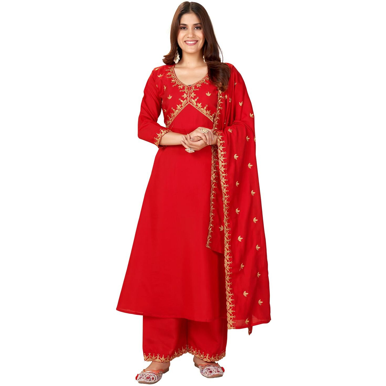 Granthva Fab Women's Silk Embroidered Anarkali Kurta with Palazzos and Dupatta (GF-6166-S_Red)