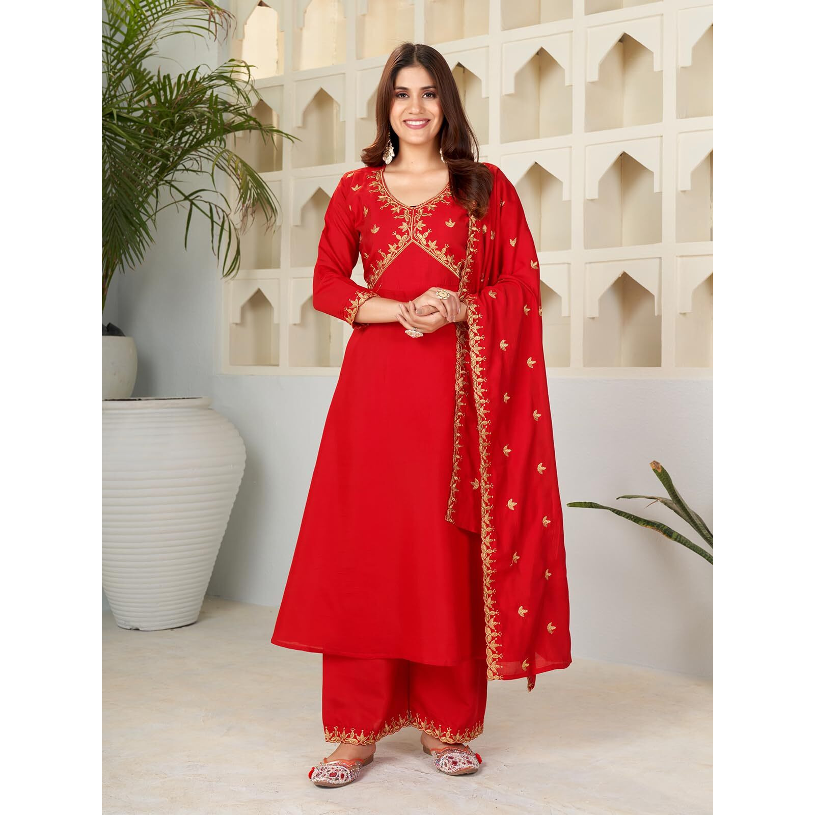 Granthva Fab Women's Silk Embroidered Anarkali Kurta with Palazzos and Dupatta (GF-6166-S_Red)