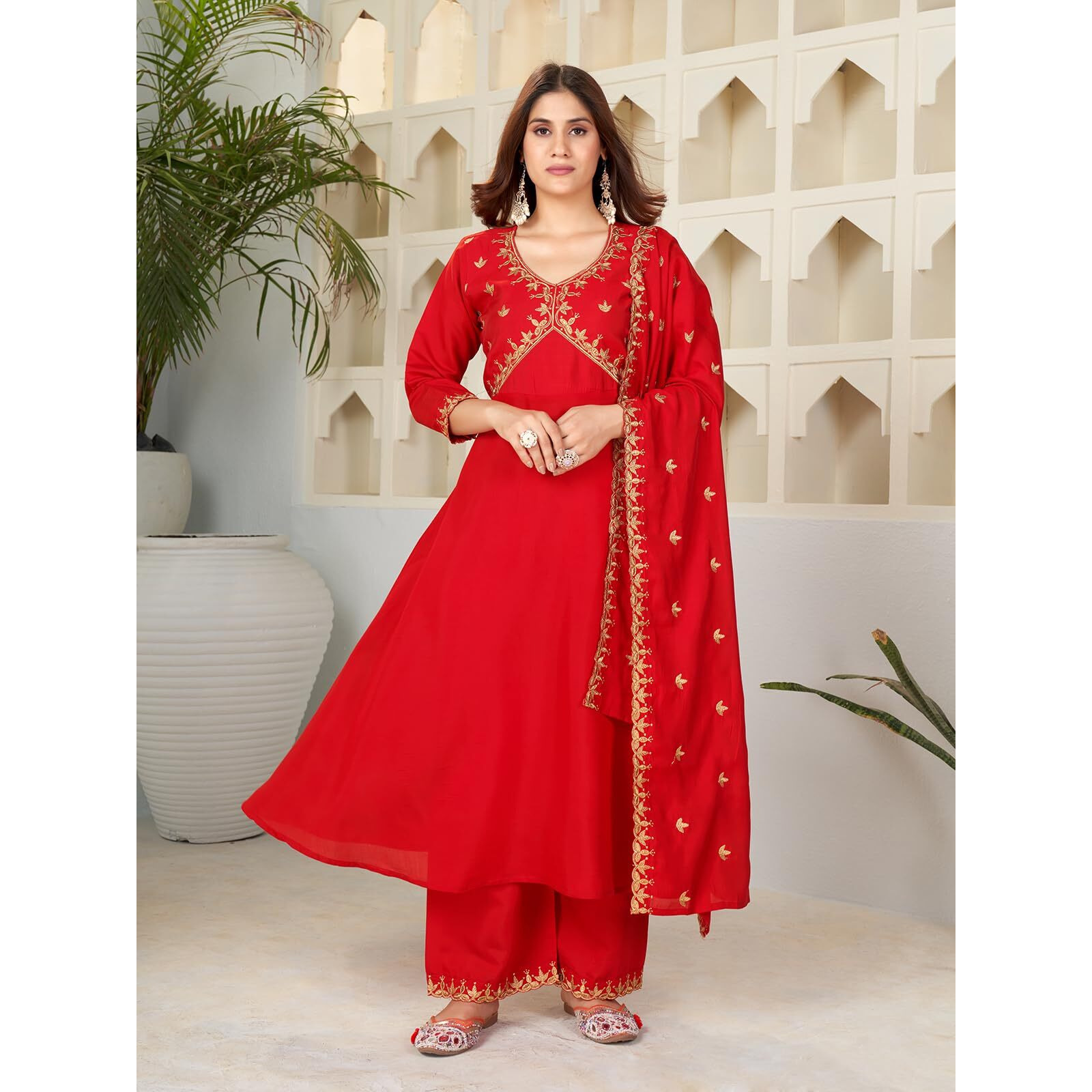 Granthva Fab Women's Silk Embroidered Anarkali Kurta with Palazzos and Dupatta (GF-6166-S_Red)