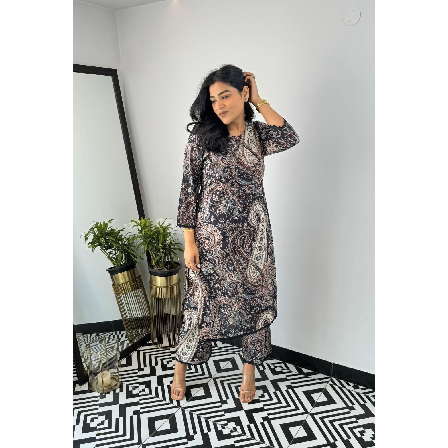 Nermosa Kalamkaari Printed Straight Kurta Set for Women | Office Wear (in, Alpha, M, Black)