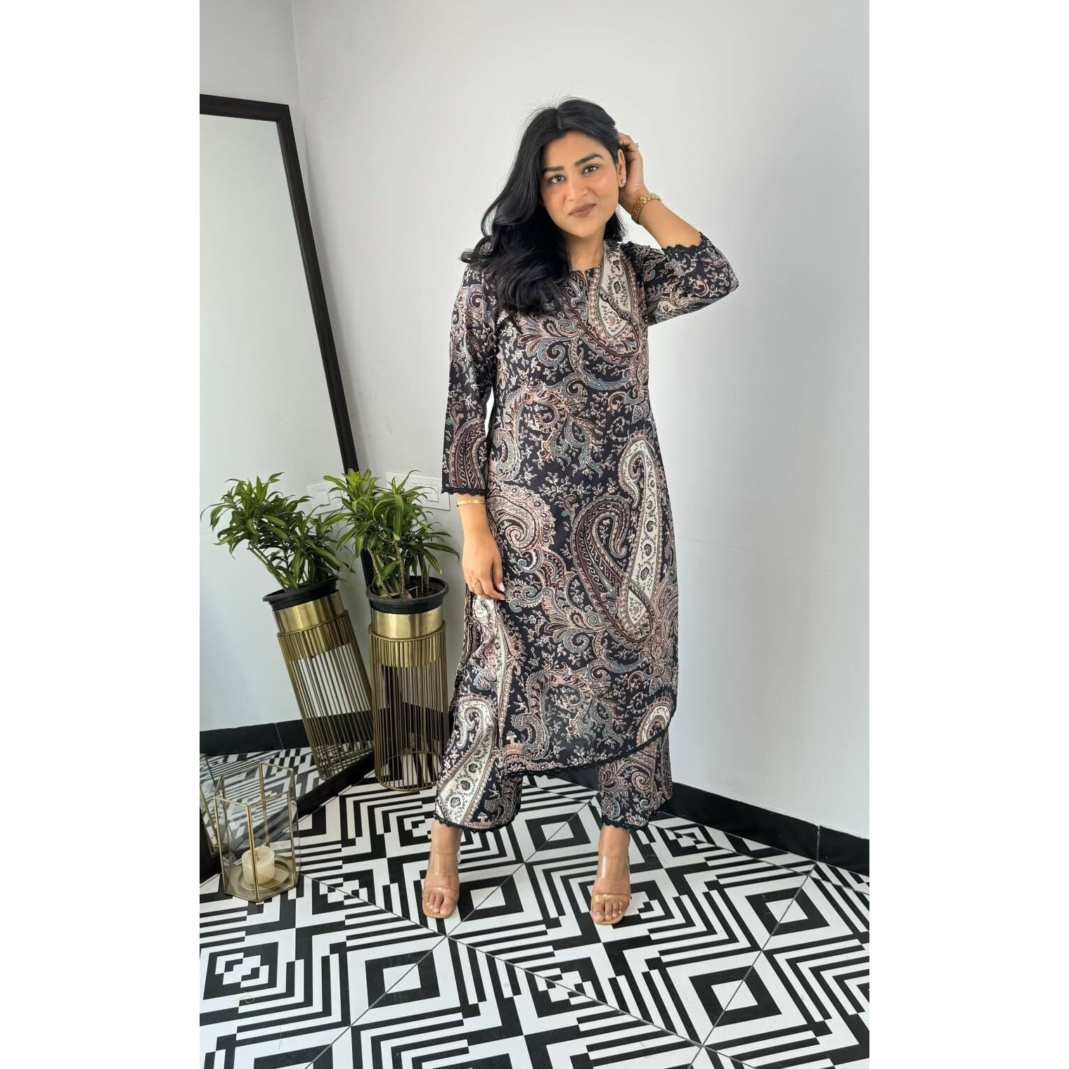 Nermosa Kalamkaari Printed Straight Kurta Set for Women | Office Wear (in, Alpha, M, Black)