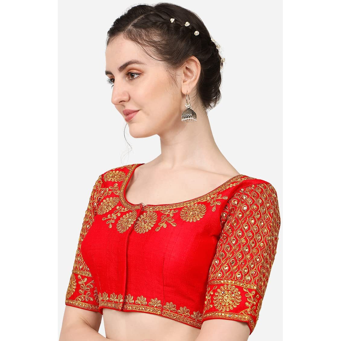 Vihu Fashion Women's Multicolor Heavy Hand Morpankh Sleeves Embroidery Thread Stone Work Phantom Silk Readymade Blouse for Saree and Lehenga Choli (red, 38)