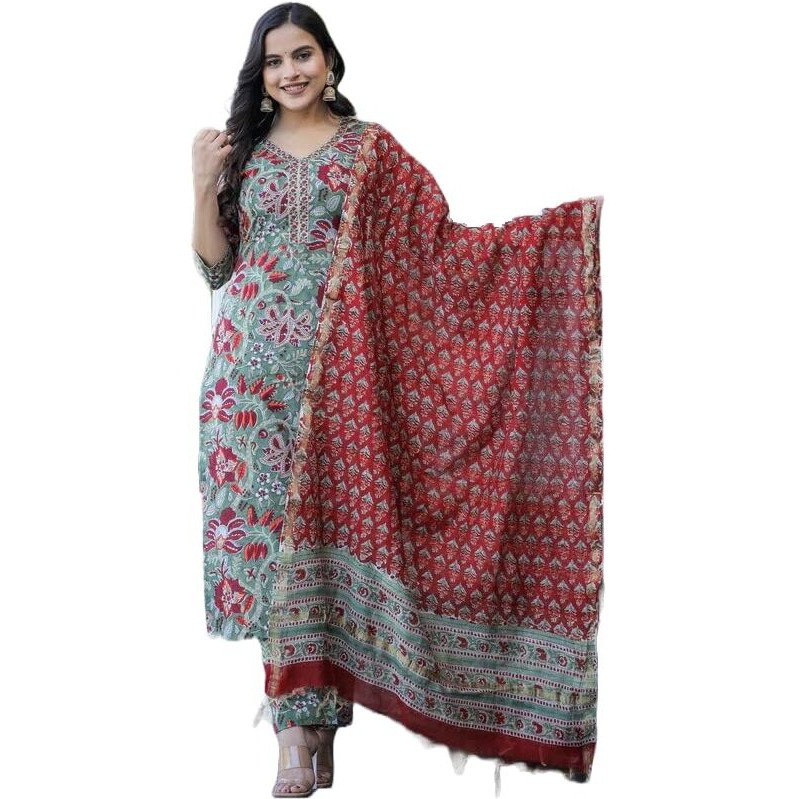 KLOSIA Women Printed Kurta and Pant Set with Dupatta (Large) Green