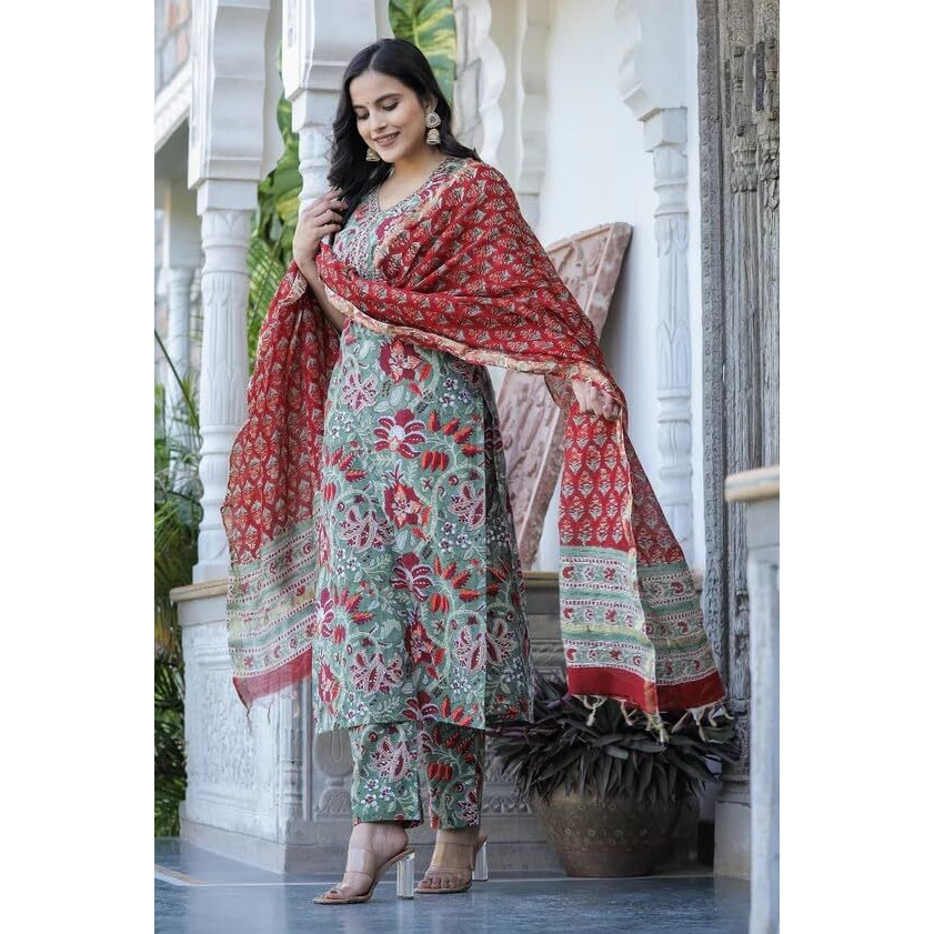 KLOSIA Women Printed Kurta and Pant Set with Dupatta (Large) Green