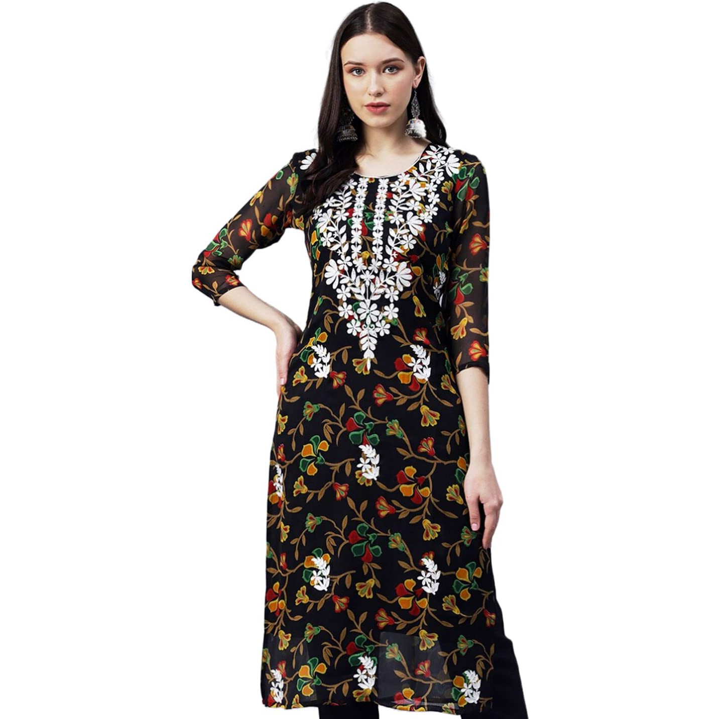 GoSriKi Women's Printed Georgette Chikankari Embroidered Kurti (Gori-Black-GS_S_Black_Small)