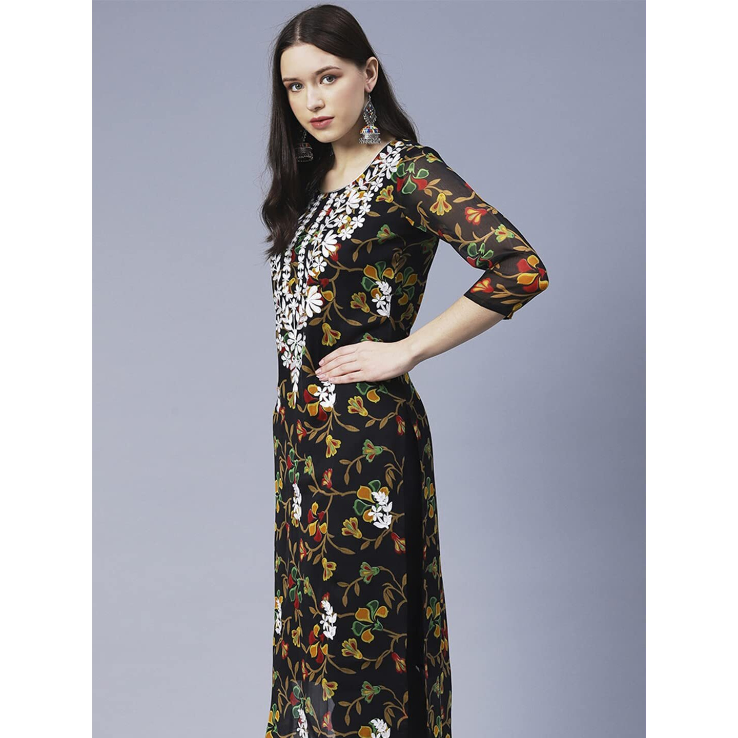 GoSriKi Women's Printed Georgette Chikankari Embroidered Kurti (Gori-Black-GS_S_Black_Small)