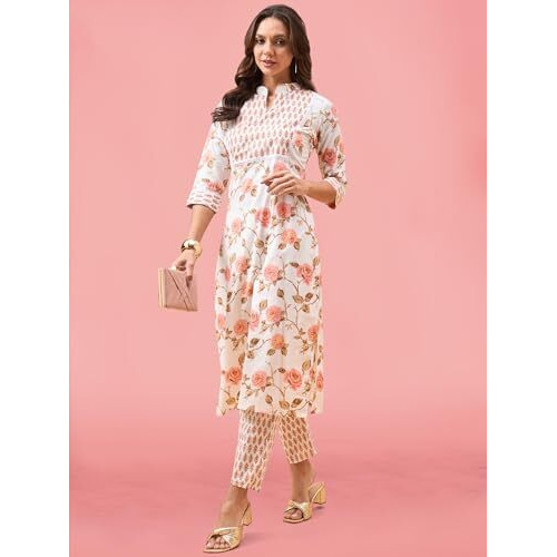 Bee M Pee Designer Women's Cotton Floral Regular for Woman Kurta Set_White_XL