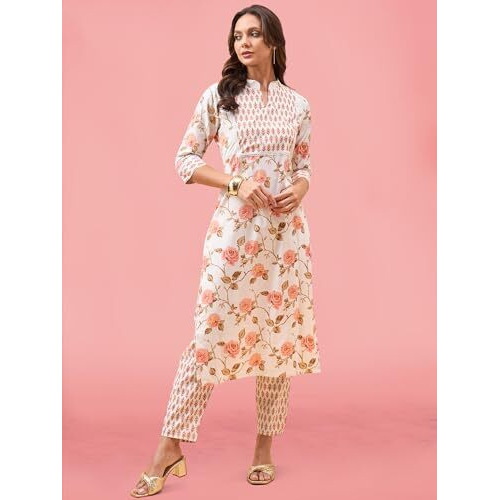 Bee M Pee Designer Women's Cotton Floral Regular for Woman Kurta Set_White_XL