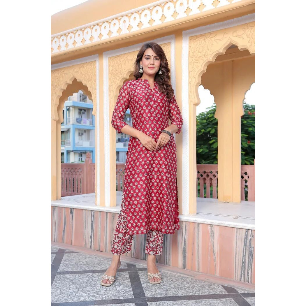 GRECIILOOKS Women Cotton Blend Casual Regular Fit Kurta Set (Red, X-Large)